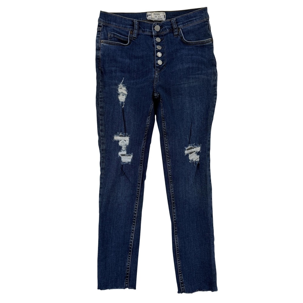 Free People Skinny Jeans Womens 29 Blue MidRise Distressed Button Fly Crop